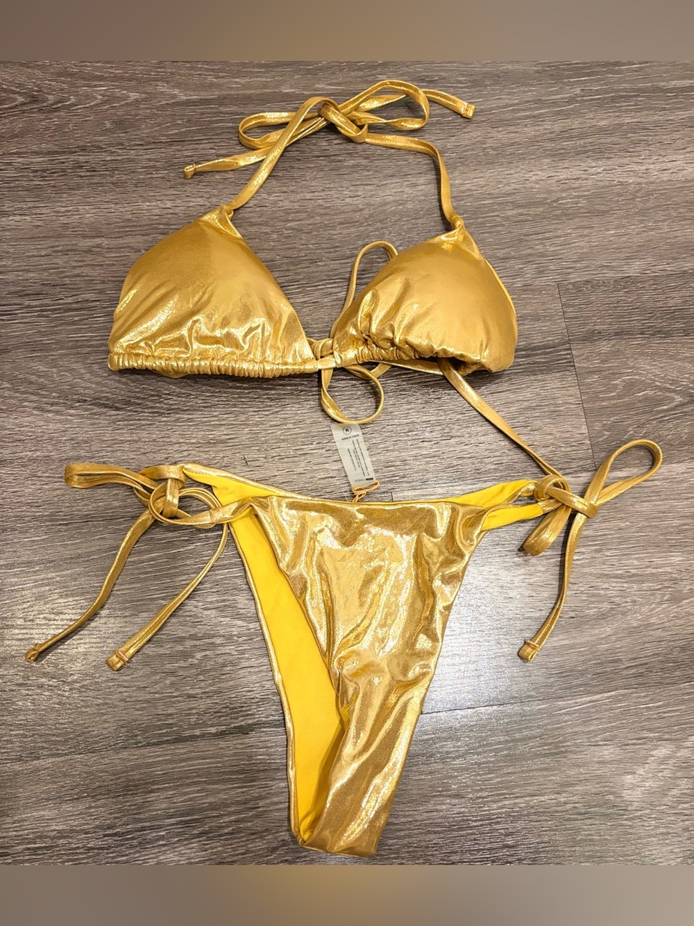 Fashion Nova Maui Gold  Metallic Side Tie Bikini Size Medium New With Tags